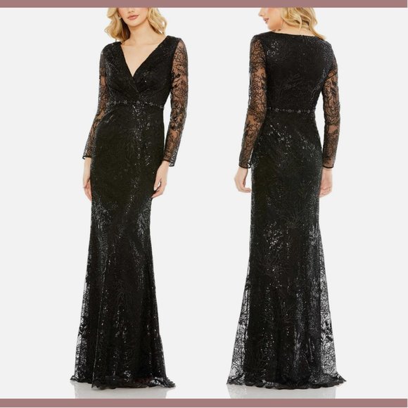 NEW $698 Mac Duggal [ 18 ] Embellished Wrap Over Long Sleeve Gown‎ Black - Picture 2 of 15